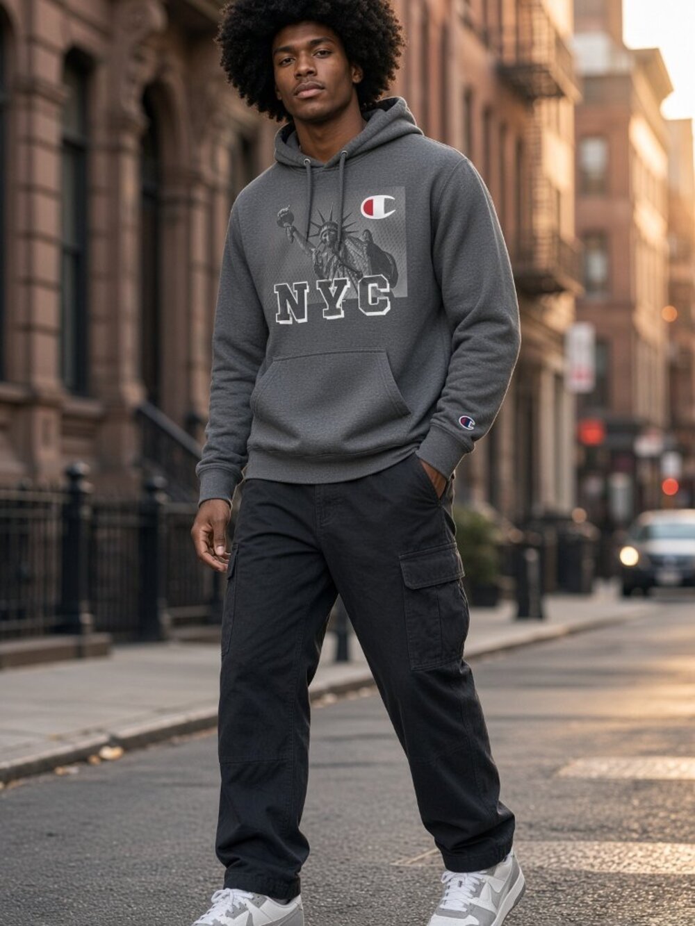 New Champion NYC Man US S Gray Hoodie Long Sleeve Fleece Pullover Sweater